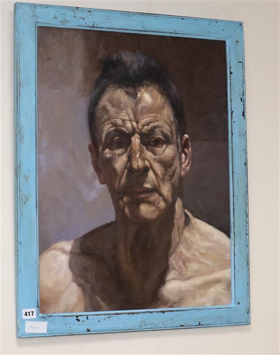 After Lucien Freud, oil on canvas board, Self portrait, 85 x 49cm